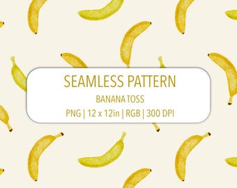 Banana Toss Seamless Pattern PNG File Hand Drawn Watercolor Yellow Summer Fruit on white Tropical Repeat Pattern Childish Kids Fabric Print