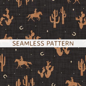 Western seamless pattern cowboy horse design brown cactus background aesthetic desert ranch digital art commercial use