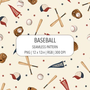 May include: A seamless pattern featuring baseball equipment on a cream background. The design includes white baseballs, brown leather gloves, wooden bats, red and blue pennants labeled BASEBALL, and baseball caps with red and blue stars.