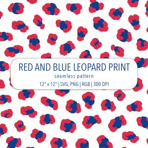 Könnte beinhalten: Ein nahtloses Muster mit roten und blauen Leopardenflecken auf weißem Hintergrund. Der Text "RED AND BLUE LEOPARD PRINT" wird auf einem weißen Rechteck angezeigt. Das Muster ist 30,48 cm x 30,48 cm groß.