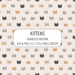 Puede incluir: Un patrón continuo con ilustraciones repetidas de caras de gatitos en tonos negro, gris y bronceado sobre un fondo beige claro. Una etiqueta blanca central muestra el texto KITTENS SEAMLESS PATTERN SVG & PNG | 30,48 x 30,48cm | RGB | 300 DPI.