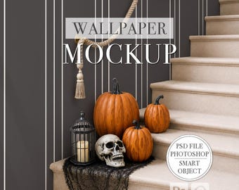 Mockup PSD per carta da parati per scale di Halloween, oggetto intelligente modificabile, Photoshop, Photopea, mockup PNG, immagini di inserzioni Etsy e Shopify, vano scale