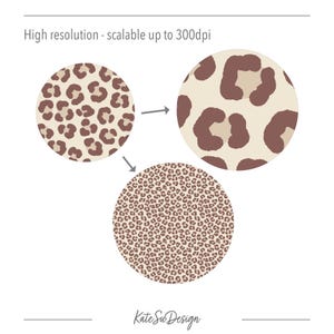 May include: Three circular graphics displaying a brown and cream leopard print pattern in varying scales. The text "High resolution - scalable up to 300dpi" appears at the top, and the text "Kate Su Design" is positioned at the bottom of the image.