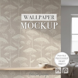 May include: A beige wallpaper mockup with a repeating floral design in off-white. The text "WALLPAPER MOCKUP" is displayed in a white box. A small white bowl rests on a wooden shelf. The image also includes the text "PSD FILE PHOTOSHOP SMART OBJECT".