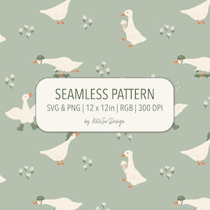 Op de afbeelding: Een naadloos patroon met witte ganzen, oranje snavels en poten, sommige met hoeden of ijshoorntjes, op een lichtgroene achtergrond met kleine witte bloemen. De tekst "SEAMLESS PATTERN" wordt weergegeven. De patroonafmeting is 30,48 cm x 30,48 cm.