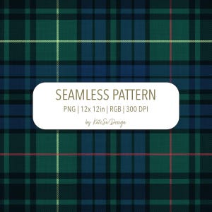 May include: A seamless plaid pattern in green, blue, and black, with thin white and red lines. The design measures 30.48cm x 30.48cm. The image includes the text 'SEAMLESS PATTERN'.