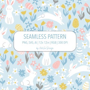 Può includere: Un motivo senza cuciture con conigli bianchi, uova di Pasqua e fiori rosa, gialli e blu. Il testo "SEAMLESS PATTERN" è su un rettangolo bianco. Il design misura 30,48 x 30,48 cm.