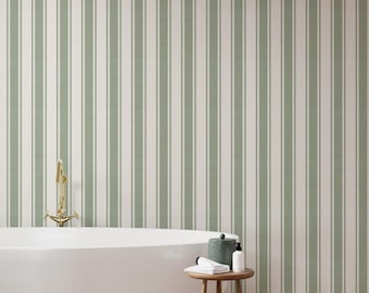 Sage Green Cream White Wide Ticking Stripe Wallpaper Pre Pasted Subtle Grasscloth Texture Vertical Stripe Peel and Stick Interior Wallpaper