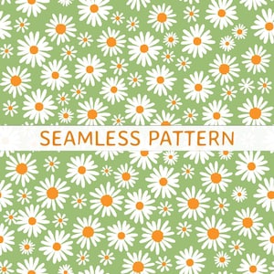 May include: A seamless pattern featuring white daisy flowers with bright orange centres scattered across a light green background. A horizontal white banner across the centre displays the orange text SEAMLESS PATTERN.