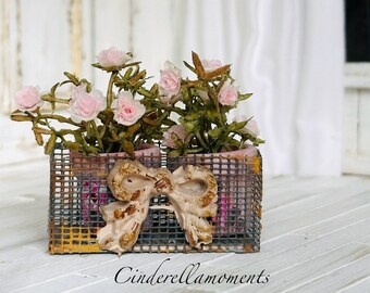 1/12 scale Two Potted Shabby Chic  Pink Roses in Old Basket