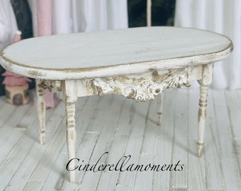 1:12 Dollhouse Embellished Dining Room Table Aged White