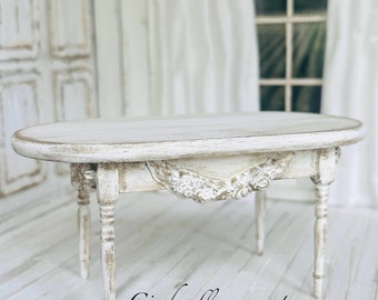 1:12 Dollhouse Embellished Dining Room Table Aged White