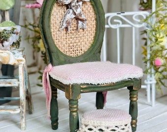 1/12 Scale Miniature French Country Accent Chair with Footstool