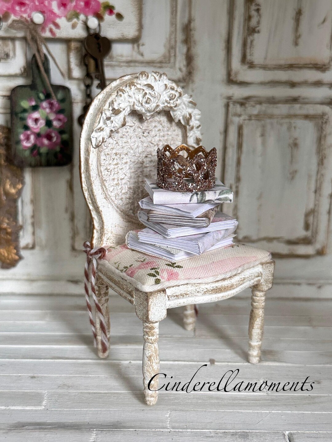 Curated visual reference: Shabby Chic Accent Chair Plans Reference: Miniature Shabby Chic Accent Chair With Book Stack And Crown