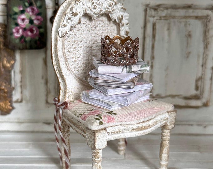 Miniature Shabby Chic Accent Chair With Book Stack And Crown Photo Inspiration