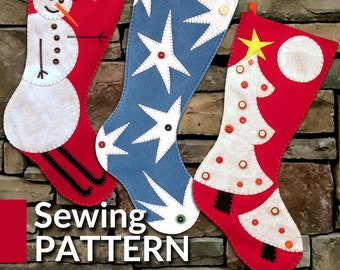 XL Christmas Stocking Sewing Patterns: Set of 3 DIY Felt Stockings (PDF Pattern)