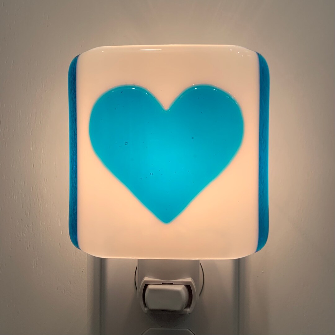 Valentines Day Night Light Sky Blue and White Heart Fused Glass Kitchen