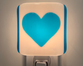 Valentines Day Night Light - Sky Blue and White Heart Fused Glass Kitchen Bedroom or Bathroom Lighting, Plug In, Gift for Her, Home Decor