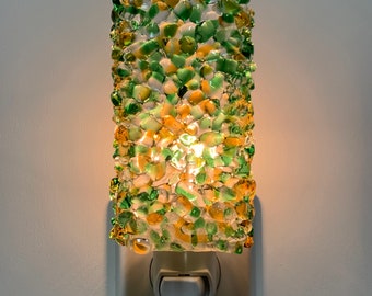 Glass Night Light - Green and Yellow Chunky Fused Glass Kitchen, Bedroom or Bathroom Lighting, Housewarming Gift, Handmade, Home Decor