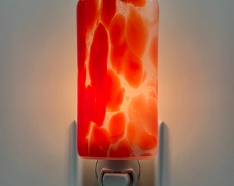 Glass Night Light - White and Red Orange Cloudy Kitchen Bedroom or Bathroom Light, Handmade, Housewarming, Lighting, Room Decor, Gift Idea