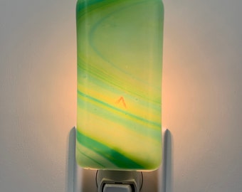 Glass Night Light - Green Mixed Streaky Fused Glass Handmade Light, Kitchen, Bedroom, Bathroom, Housewarming Gift, Lighting, Home Decorating