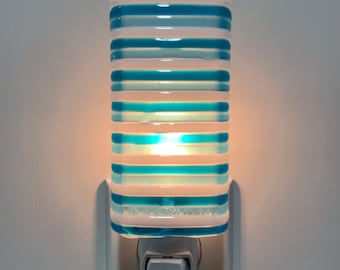 Glass Night Light - Blue Striped Kitchen, Bedroom or Bathroom Light, Handmade Gift, Home Decor, Lighting, Gift Idea, Housewarming Gift
