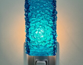 Glass Night Light - Aqua Blue Fused Glass Handmade Kitchen Bedroom or Bathroom Night Light, Housewarming Gift, Home Decor, Wall Plug In