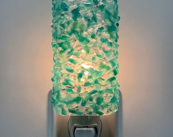 Glass Night Light - Chunky Blue Green Fused Glass Kitchen Bedroom or Bathroom Lighting, Housewarming Gift, Handmade, Home Decor