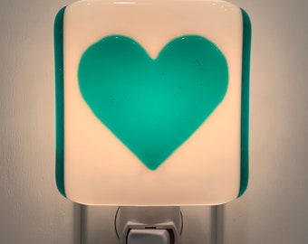 Heart Night Light - Teal and White Heart Fused Glass Kitchen Bedroom or Bathroom Lighting, Housewarming Gift, Gift for Her, Birthday Gift