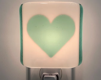 Valentines Day Night Light - Sea Green and White Heart Fused Glass Kitchen Bedroom or Bathroom Lighting, Plug In, Housewarming, Gift for Her