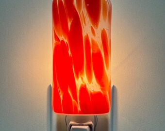 Glass Night Light - White and Red Orange Cloudy Kitchen Bedroom or Bathroom Light, Handmade, Housewarming, Lighting, Room Decor, Gift Idea