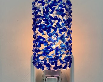 Glass Night Light - Blue and Clear Chunky Fused Glass Kitchen, Bedroom or Bathroom Lighting, Housewarming Gift, Handmade, Home Decor