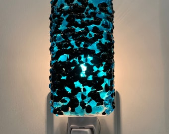 Glass Night Light - Black and Sky Blue Kitchen Bedroom or Bathroom Light, Fused Glass, Home Decorating, Handmade, Housewarming Gift, Plug In