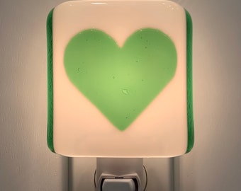 Valentines Day Night Light - Green and White Heart Fused Glass Kitchen Bedroom or Bathroom Lighting, Plug In, Lamp, Housewarming, Home Decor