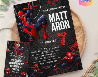 Spiderman Birthday Invitation, Black Superhero Theme (Digital Download & Printable Version) Spiderman Party 5x7 Canva Template Invites
