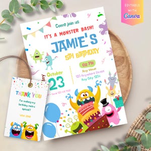 Op de afbeelding: Een kleurrijke verjaardagsuitnodiging met monsterillustraties. De uitnodiging luidt "It's a Monster Bash!" en bevat de naam "Jamie's" en de datum "23 oktober". Een bijpassend "Thank You"-label is ook inbegrepen.