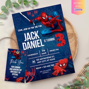 May include: A blue birthday invitation featuring Spider-Man graphics and the text "Jack Daniel is turning 3". Includes a matching thank you tag. The invitation details the date, time, and location of the party. The words "Editable with Canva" are also visible.