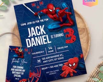 Invitación de cumpleaños de Spider-Man, fiesta de superhéroes, plantilla editable de Canva (descarga digital)