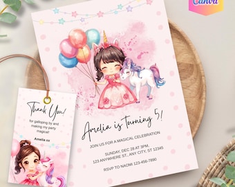 May include: Pink birthday party invitation and thank you tag featuring a cartoon girl with a unicorn horn, holding balloons, and a unicorn. The invitation reads "Amelia is Turning 5!" and includes party details. The tag says "Thank You!"