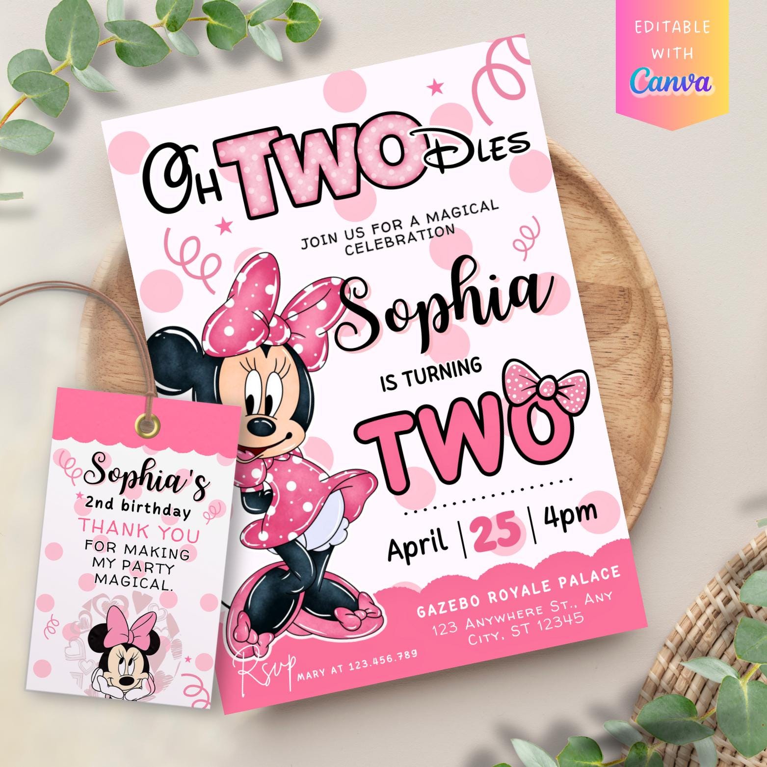 Pink Minnie Mouse 2nd Birthday Invitation, Oh Twodles Theme (Digital Download & Printable Version) 5x7 Mouse Party Canva Template Invites