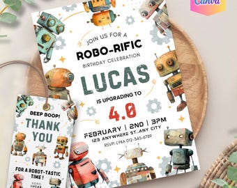 Robot Birthday Invitation, Editable Canva Template (Digital Download & Printable) Robot Beep Boop Party 5x7 Party Invites