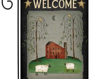 Welcome Friend Prim Saltbox With Sheep Garden Flag #G1662