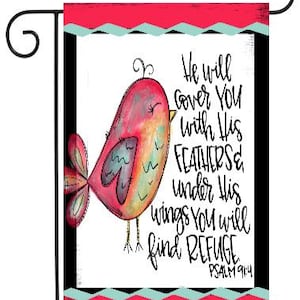 Puede incluir: Un pájaro colorido con un diseño en forma de corazón en el pecho se representa sobre un fondo blanco con el texto "He will cover you with His FEATHERS & under His wings you will find REFUGE PSALM 9:4". El fondo está bordeado con un patrón de chevron rojo y turquesa.