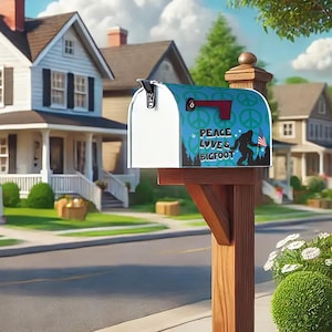 Puede incluir: Un buzón blanco con un diseño colorido que presenta signos de paz, árboles y una figura de Bigfoot sosteniendo una bandera estadounidense. El texto en el buzón dice "Peace Love & Bigfoot".
