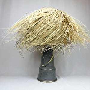 Peut inclure: Une lampe artisanale unique avec une base en métal gris et un abat-jour en paille naturelle. L'abat-jour a une forme large, en forme de parapluie, avec de longs brins de paille fluides. La lampe est conçue pour un éclairage ambiant doux.