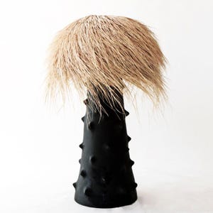 Puede incluir: Un jarrón de cerámica negro con un diseño texturizado y puntiagudo. El jarrón está coronado con un gran sombrero de hierba seca.