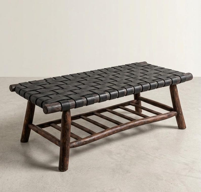 Handmade Boho Entryway Bench – Leather & Wood Bench for Bedroom, Rustic ...