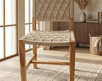 Taburete de bar de madera hecho a mano, silla de mostrador bohemia de cuerda tejida, muebles artesanales marroquíes, silla de bar de madera natural