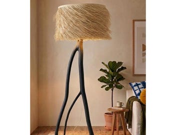 Lámpara de pie negra de palma natural | Lámpara de pie bohemia de rafia | Iluminación marroquí hecha a mano | Decoración para sala de estar y dormitorio