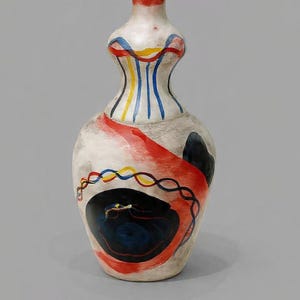 Peut inclure: Un vase en céramique peint à la main avec un dessus rouge et des motifs abstraits. Le vase présente une base blanche avec des accents rouges, bleus, jaunes et noirs. Le texte "Boho Home Decor" est visible.